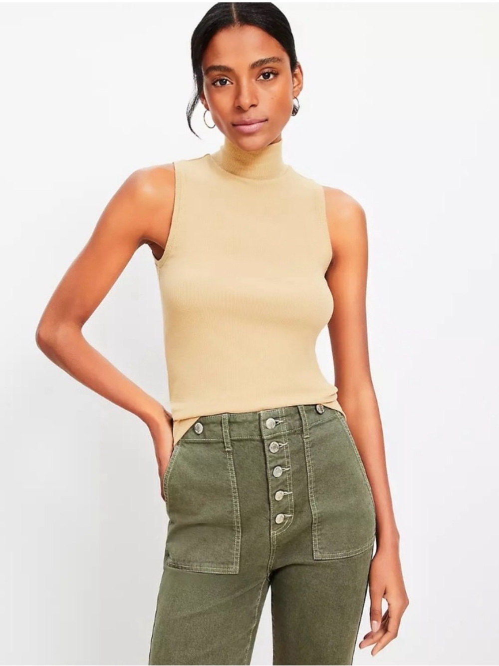 LOFT Tan Mockneck Ribbed Tank Top